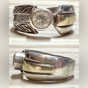 Vintage Designer Signed (JJ) AG 950 Sterling Silver & Gold Clear Stone Band Ring